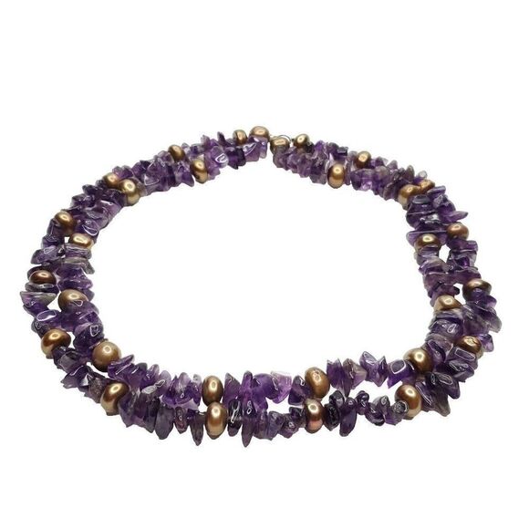 Double Strand Purple Amethyst Nugget Beaded Necklace w Bronze Colored Pearls 18" - Picture 2 of 5